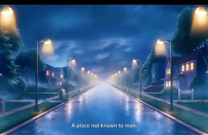 Animated intro scene showing a misty suburban street lined with glowing lamp posts at night, subtitled "A place not known to man."