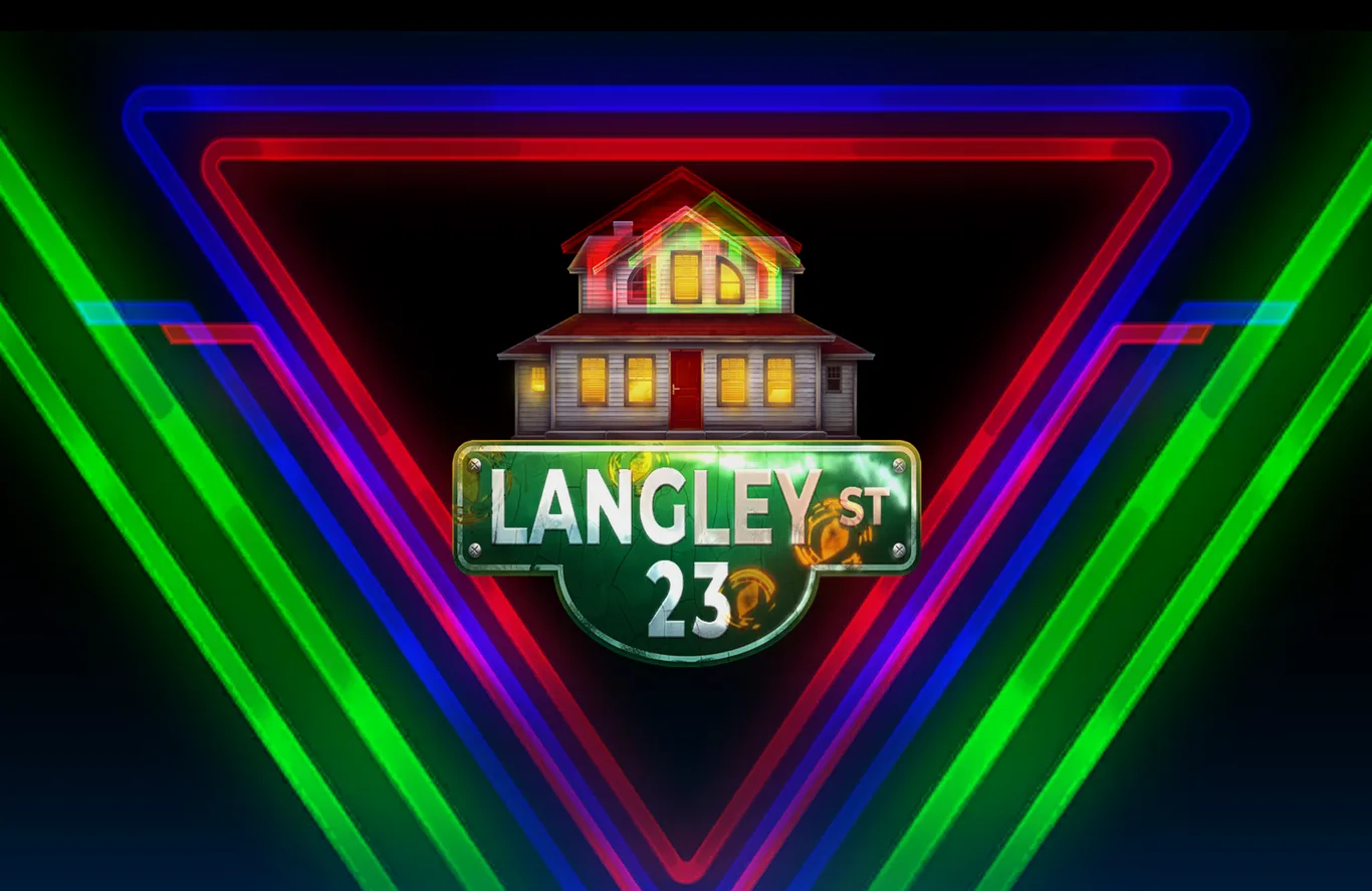 Langley Street 23 title card with the game logo, a house illustration and neon triangle outlines in blue, red and green.