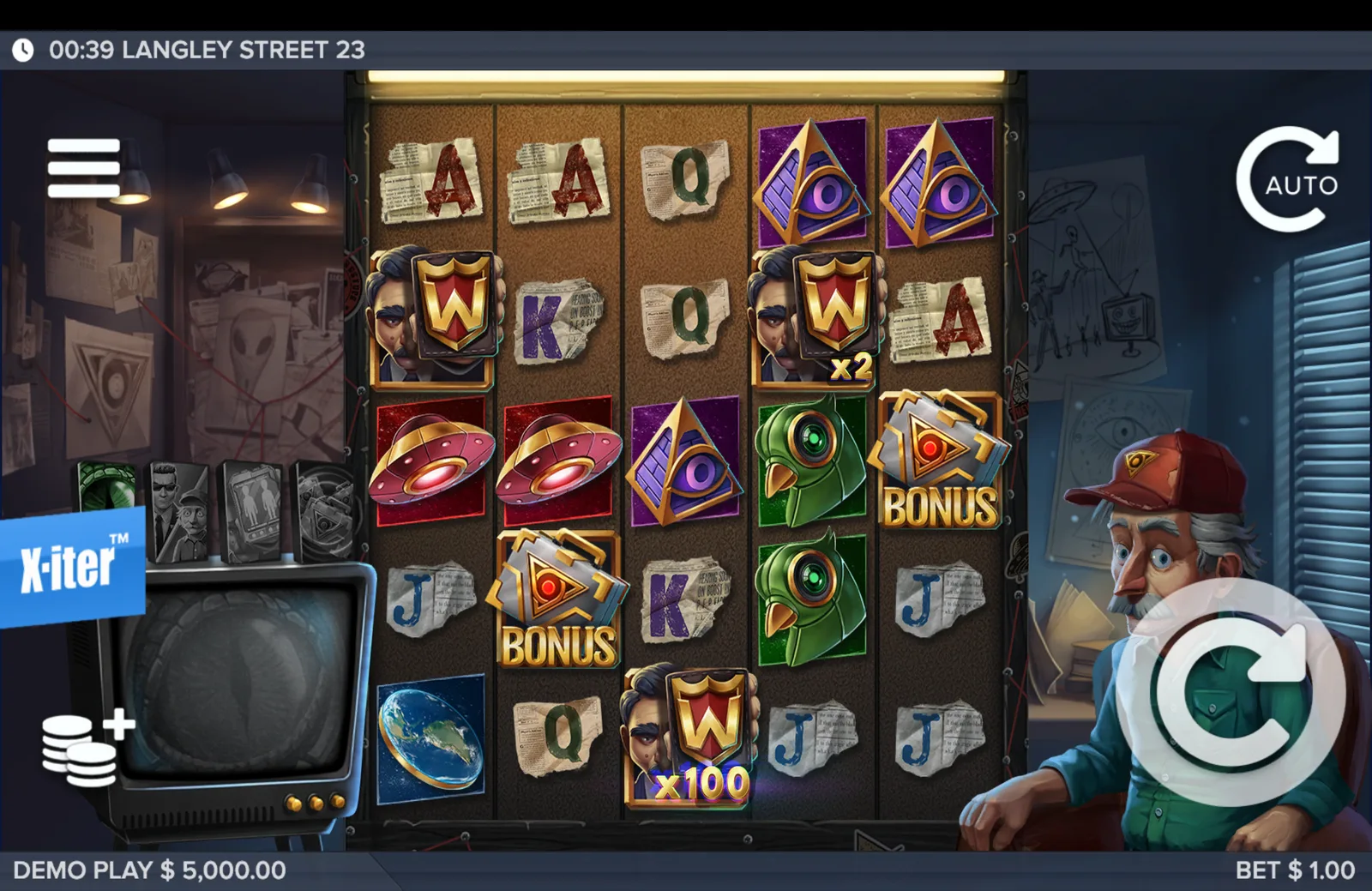 Langley Street 23 base game reel grid with five reels, wild symbols marked x2 and x100, and two BONUS symbols.
