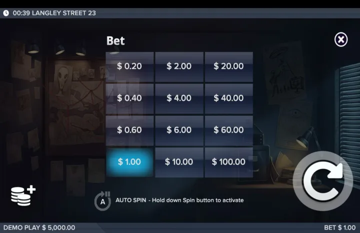 Bet selection menu listing stakes from "$ 0.20" to "$ 100.00" with "$ 1.00" highlighted in blue, and a note "AUTO SPIN - Hold down Spin button to activate."