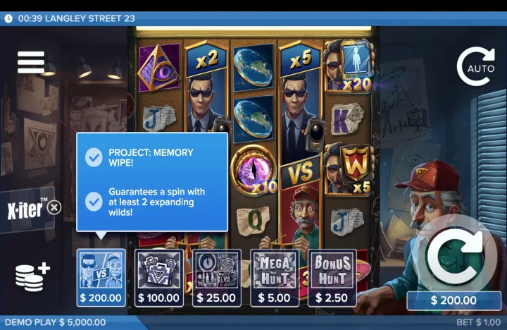 X-iter mode detail screen showing the "PROJECT: MEMORY WIPE!" option selected at "$ 200.00," with text stating it "Guarantees a spin with at least 2 expanding wilds!"
