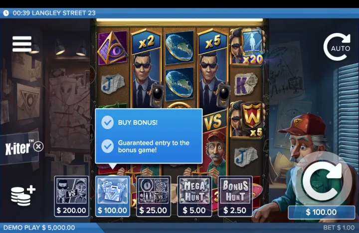 X-iter mode detail screen showing the "BUY BONUS!" option selected at "$ 100.00," with text stating "Guaranteed entry to the bonus game!"