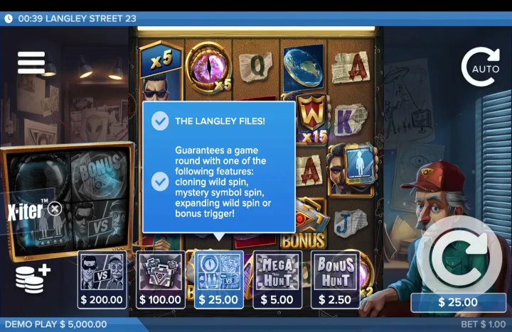 X-iter mode detail screen showing "THE LANGLEY FILES!" option selected at "$ 25.00," describing a guaranteed round with one of several listed features.