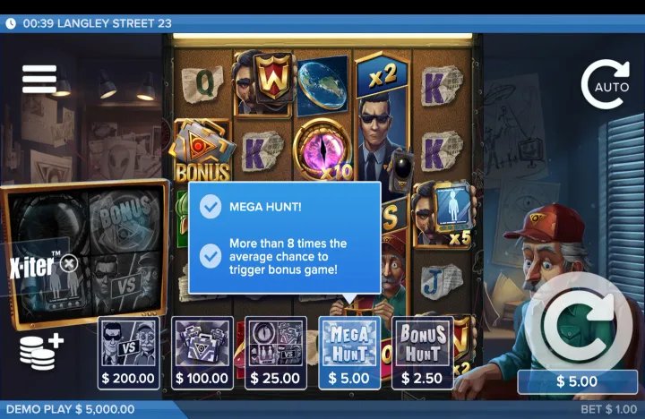 X-iter mode detail screen showing the "MEGA HUNT!" option selected at "$ 5.00," with text stating "More than 8 times the average chance to trigger bonus game!"