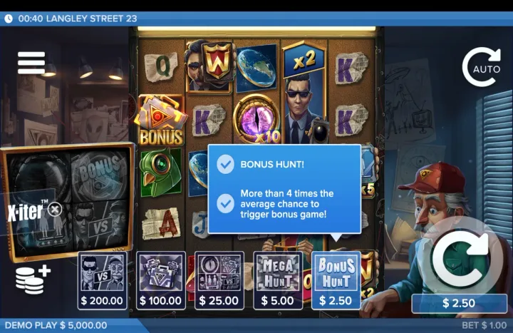 X-iter mode detail screen showing the "BONUS HUNT!" option selected at "$ 2.50," with text stating "More than 4 times the average chance to trigger bonus game!"