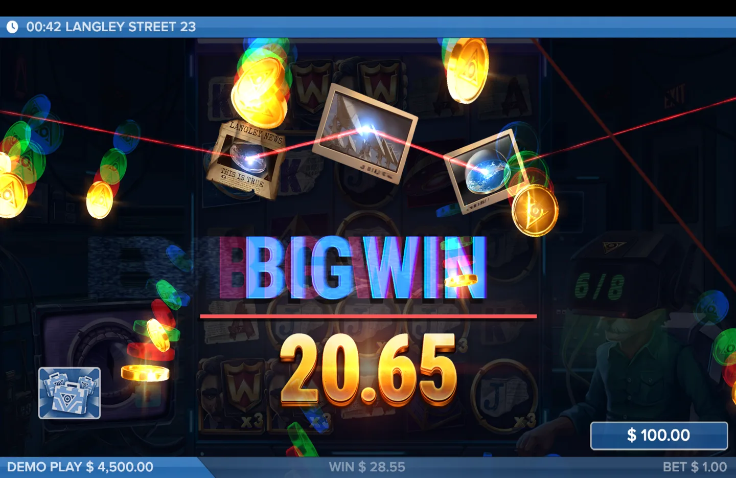 Big Win presentation screen from the Langley Street 23 free-spins round showing a gold figure of 20.65 and a win of $28.55.